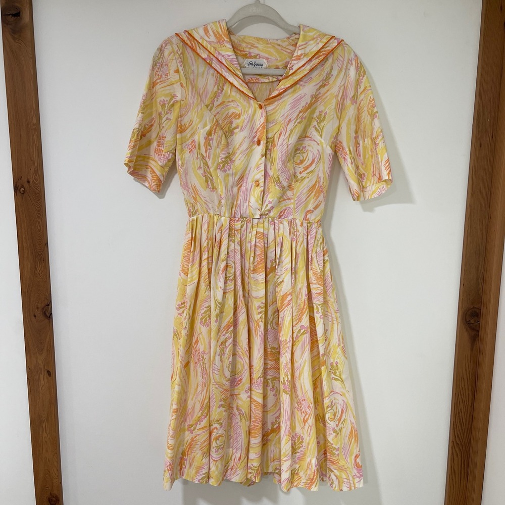 Lois Young Dallas Dress Womens XS Yellow Cotton‎ Abstract Sailor Collar Vintage